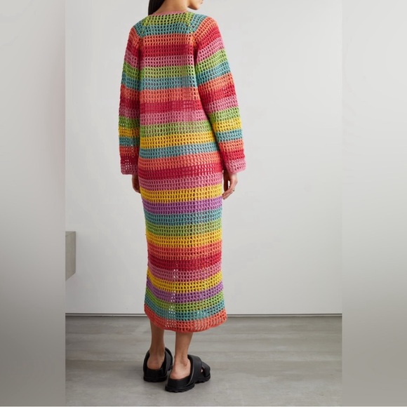 🌻NWT FARM RIO MULTICOLOR CROCHET TASSEL-TIE MAXI DRESS IN LIGHT CHEVRON - Picture 6 of 8
